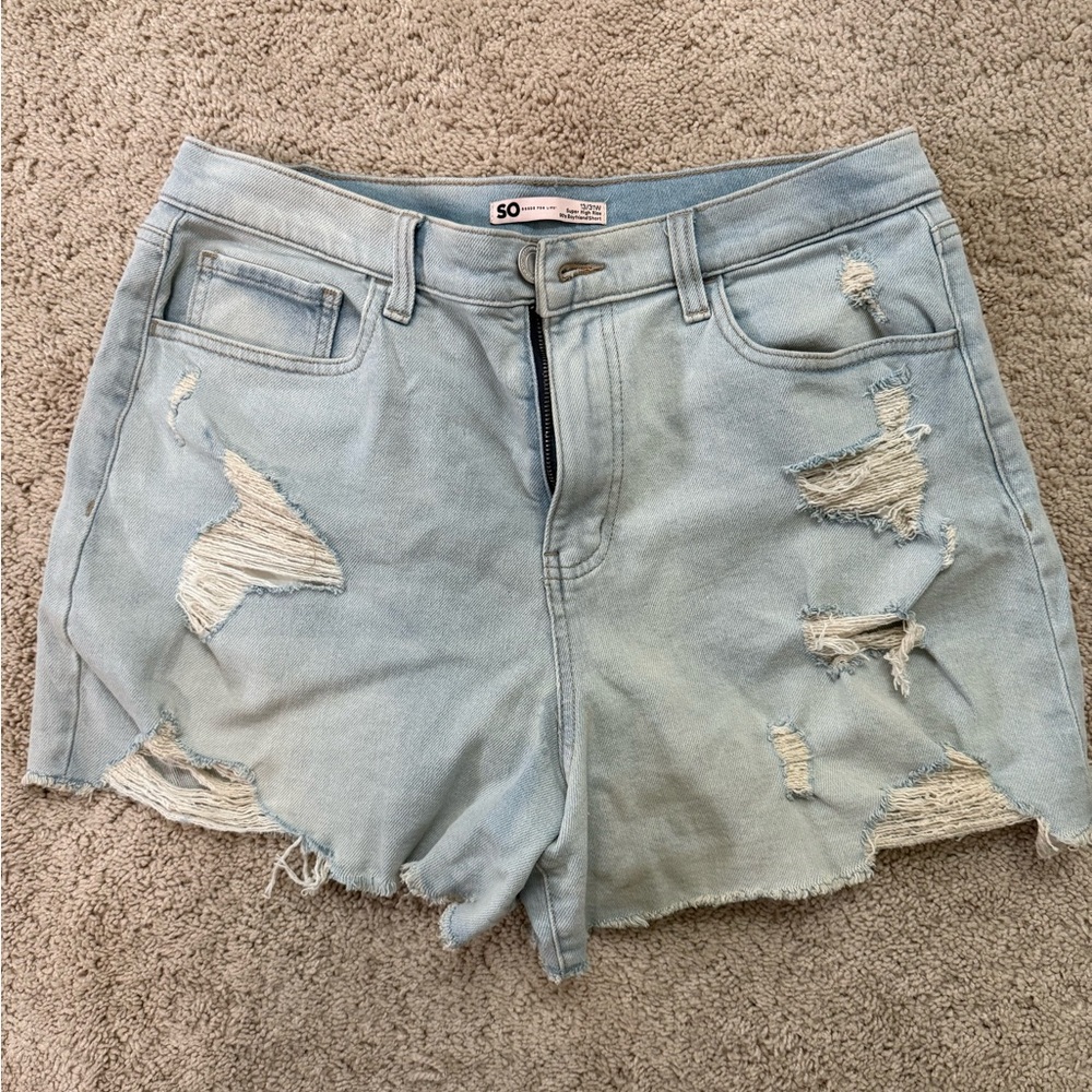SO Blue Distressed Jean Shorts Raw Hem